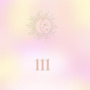 Könnte beinhalten: Ein Buchcover in Pastellfarben mit der Zahl "111" in der Mitte. Darüber befindet sich eine goldene Illustration eines Halbmonds, Sterne und Sonnenstrahlen. Der Titel "Angel Numbers" steht unter der Zahl, mit Text darunter.