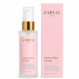 May include: A frosted glass pump bottle and a tall rectangular pink box of Zaryal London Citrus Glow Serum. Both feature gold text reading Zaryal London, Citrus Glow Serum, and a description of orange, geranium, and botanical oils, 50 ml / 1.7 fl oz.
