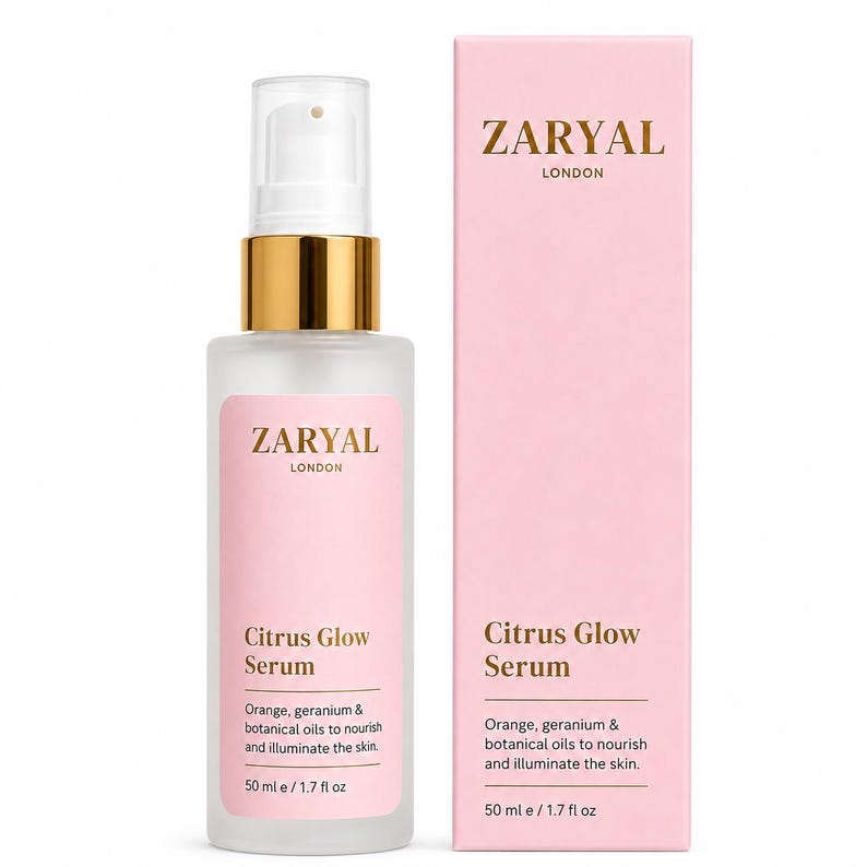 May include: A frosted glass pump bottle and a tall rectangular pink box of Zaryal London Citrus Glow Serum. Both feature gold text reading Zaryal London, Citrus Glow Serum, and a description of orange, geranium, and botanical oils, 50 ml / 1.7 fl oz.