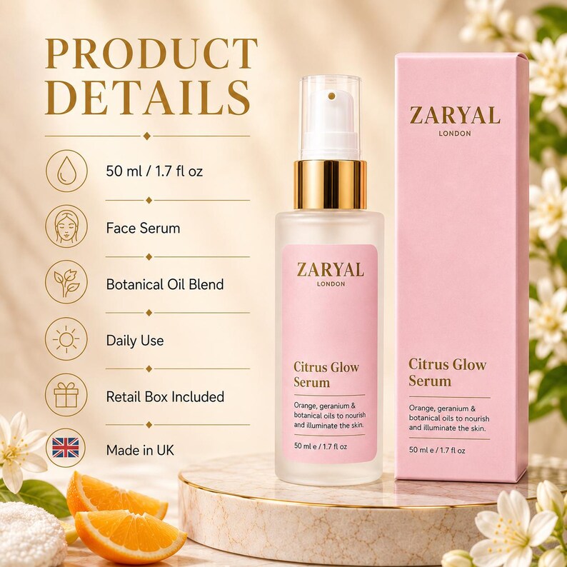 May include: A 50 ml / 1.7 fl oz Zaryal London Citrus Glow Serum bottle and its matching pink retail box. The label and box feature the text: Citrus Glow Serum, Orange, geranium & botanical oils to nourish and illuminate the skin, 50 ml / 1.7 fl oz.