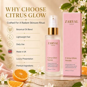 May include: A 50 ml / 1.7 fl oz Zaryal London Citrus Glow Serum bottle and its matching pink rectangular box. The label and box feature the text Citrus Glow Serum, Orange, geranium & botanical oils to nourish and illuminate the skin.