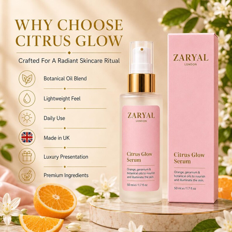 May include: A 50 ml / 1.7 fl oz Zaryal London Citrus Glow Serum bottle and its matching pink rectangular box. The label and box feature the text Citrus Glow Serum, Orange, geranium & botanical oils to nourish and illuminate the skin.