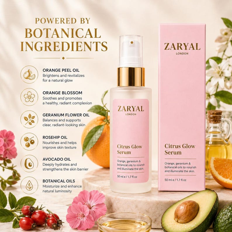 May include: A 50 ml / 1.7 fl oz bottle of Zaryal London Citrus Glow Serum with a gold pump, next to its matching pink box. The packaging lists botanical ingredients including orange peel oil, orange blossom, geranium flower oil, rosehip oil, and avocado oil.
