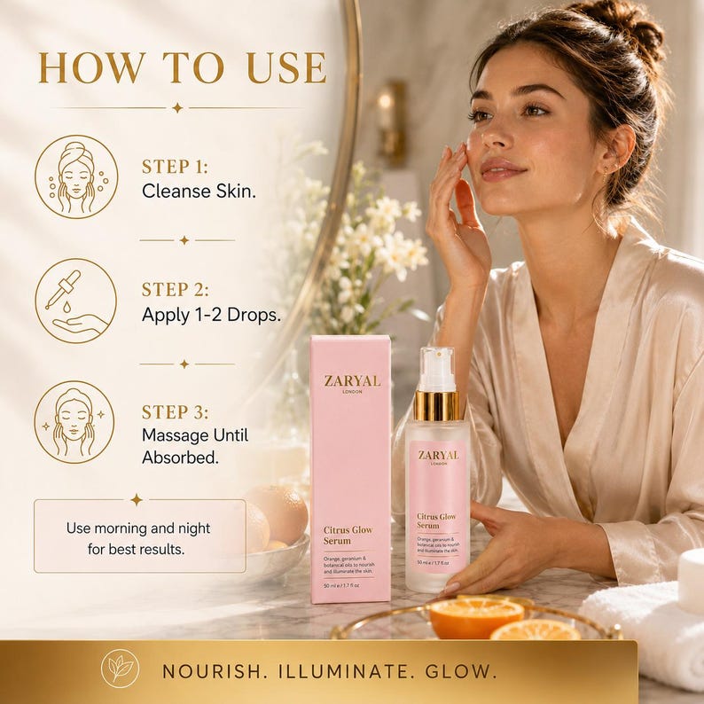 May include: A Zaryal London Citrus Glow Serum bottle and its pink box, labeled 50 ml / 1.7 fl. oz. The packaging features text detailing usage steps: Cleanse Skin, Apply 1-2 Drops, and Massage Until Absorbed, with the final note: Nourish. Illuminate. Glow.