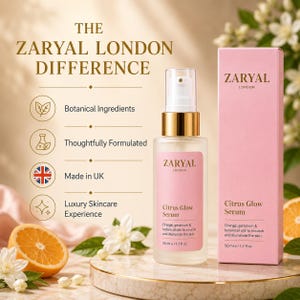 May include: A 50 ml bottle of Zaryal London Citrus Glow Serum with a gold pump and pink label, next to its matching pink box. The text reads: The Zaryal London Difference, Botanical Ingredients, Thoughtfully Formulated, Made in UK, Luxury Skincare Experience.