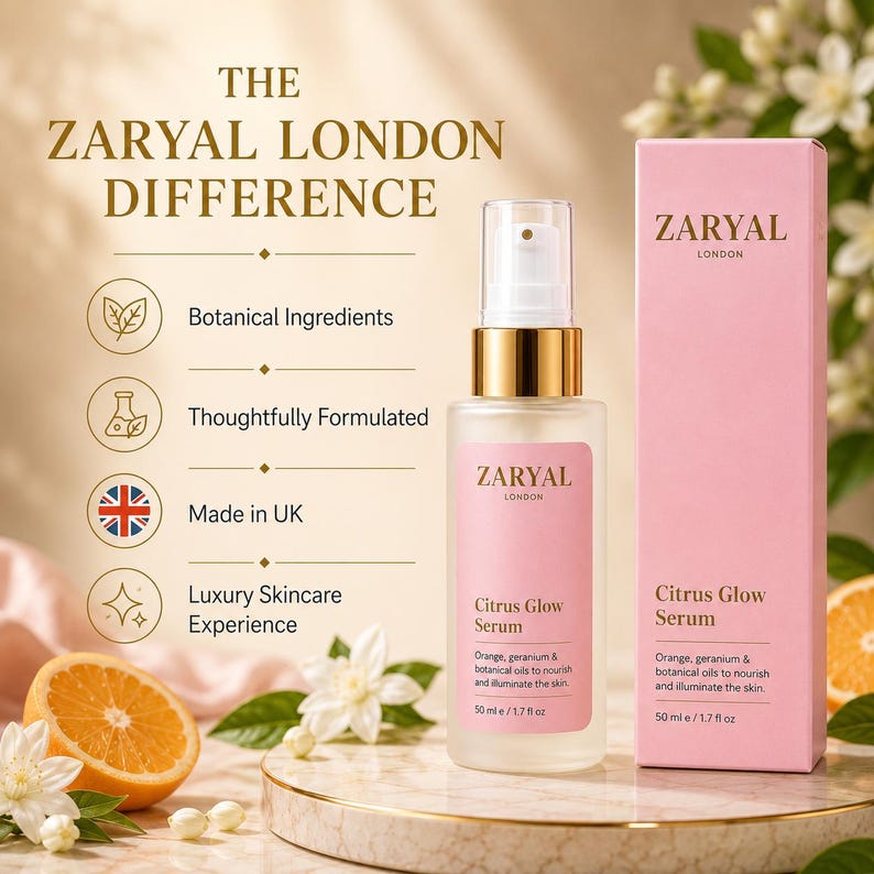 May include: A 50 ml bottle of Zaryal London Citrus Glow Serum with a gold pump and pink label, next to its matching pink box. The text reads: The Zaryal London Difference, Botanical Ingredients, Thoughtfully Formulated, Made in UK, Luxury Skincare Experience.