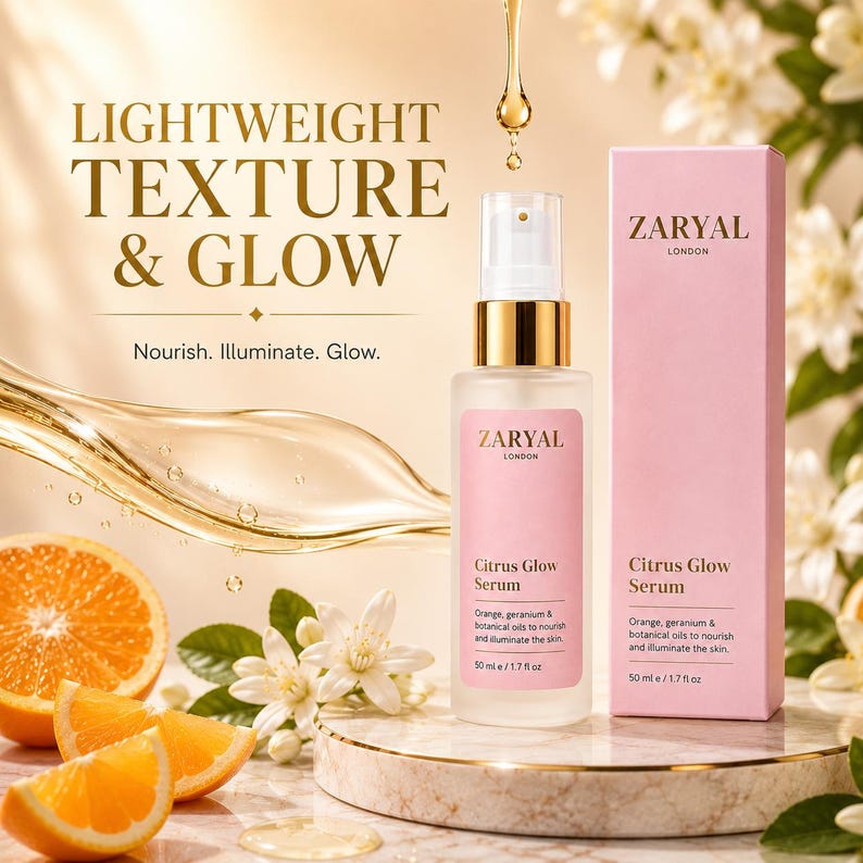 May include: A Zaryal London Citrus Glow Serum bottle and its matching pink box, both labeled 50 ml / 1.7 fl oz. The serum is clear with a gold pump. Text on the packaging reads: Orange, geranium & botanical oils to nourish and illuminate the skin.