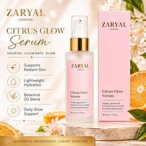 May include: A Zaryal London Citrus Glow Serum bottle and its matching pink box. The frosted glass bottle has a gold pump and a pink label with the text Citrus Glow Serum, 50 ml / 1.7 fl oz. The box features the same branding and product details.