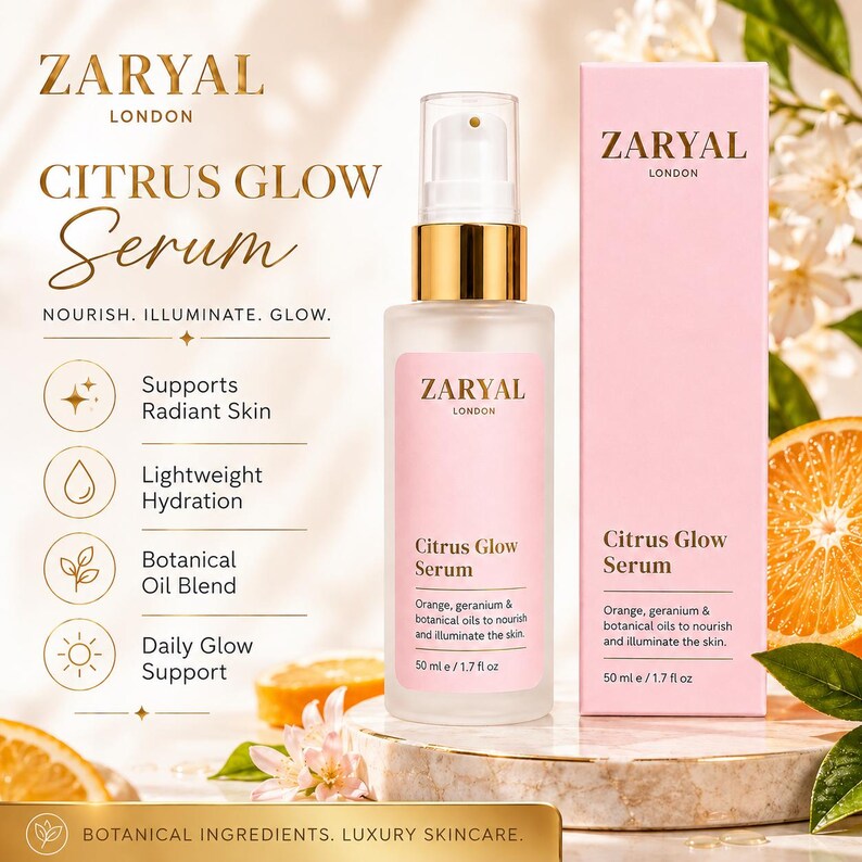 May include: A Zaryal London Citrus Glow Serum bottle and its matching pink box. The frosted glass bottle has a gold pump and a pink label with the text Citrus Glow Serum, 50 ml / 1.7 fl oz. The box features the same branding and product details.