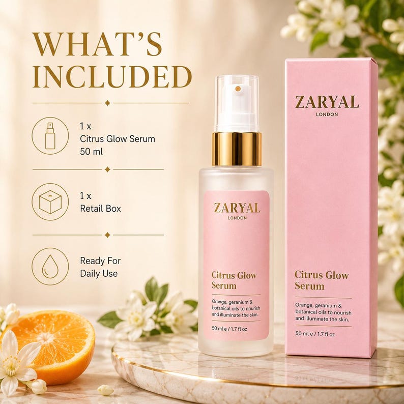 May include: A 50 ml Zaryal London Citrus Glow Serum bottle with a gold pump and a matching pink retail box. The label and box text reads Citrus Glow Serum, Orange, geranium & botanical oils to nourish and illuminate the skin, 50 ml e / 1.7 fl oz.