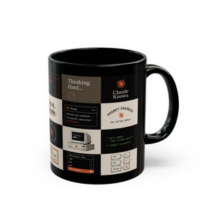 May include: A black ceramic mug featuring a grid of white and tan squares printed with various tech-themed graphics and text, including "Thinking Hard...", "Claude Knows.", "PROMPT ENGINEER", "git commit", and keyboard shortcut icons.