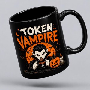 May include: A black ceramic mug featuring a graphic of a vampire holding a smaller mug labeled "TOKENS </>". The design includes the text "TOKEN VAMPIRE" in orange, a large orange moon, bats, a jack-o'-lantern, and a lit candle on a black background.