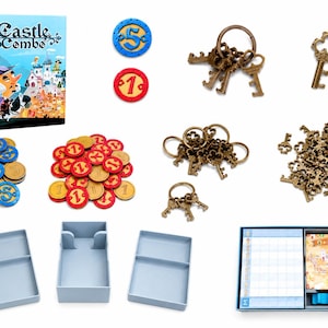 以下が含まれることがあります： Castle Comboボードゲームセット。ゲームボックス、数字が書かれた青と赤の円形トークン、リング付きのブロンズ色の金属製鍵、バラのブロンズ色の鍵、3つの水色のプラスチック製収納トレイ、スコアパッド付きのゲームボードが含まれています。