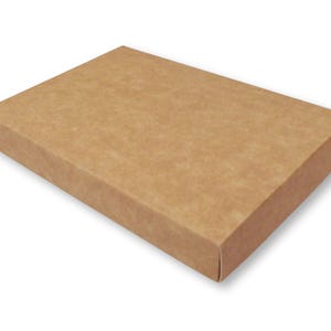Könnte beinhalten: Eine rechteckige Schachtel mit einer glatten, hellbraunen Kraftpapieroberfläche. Der Behälter verfügt über eine flache Oberseite und vier vertikale Seiten, was ein sauberes, einheitliches Erscheinungsbild ohne sichtbare Markierungen oder Verzierungen ergibt.
