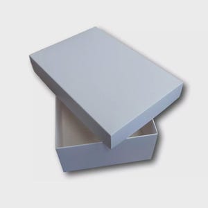 May include: A rectangular white cardboard box with a removable lid. The lid is positioned at an angle, partially covering the open base of the box. The box features a clean, matte finish with no visible patterns, textures, or branding on its exterior.