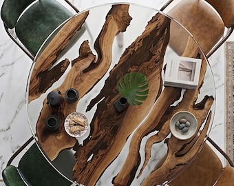 Table à manger ronde en époxy, Table à manger ronde, Table basse ronde en époxy, Table ronde en bois, Table à manger industrielle, Table en époxy transparente