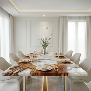 May include: A contemporary dining room showcasing a large wooden table with a distinctive brown and white marbled pattern. The table is set with white plates, cutlery, and glassware. White chairs surround the table, and a vase of flowers is in the centre.