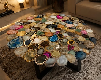 Dessus de table en agate mélangée, dessus de table en pierre d'agate multicolore, meubles en agate mélangée, table basse et table à manger en agate mélangée faite main