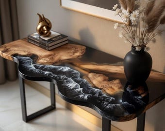 Konsolentisch aus schwarzem Ozeanharz, Live Edge Holz-Entryway-Tisch, handgefertigte Epoxy-Fluss-Konsole, handgefertigte Holzmöbel, Geschenk für Papa