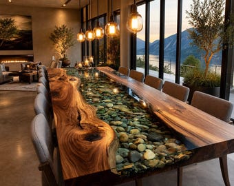 Table rivière, table à manger en résine époxy, table à manger artisanale en résine époxy avec bord naturel, table rivière en résine sur mesure, table en bois et résine époxy, plateau de table en résine époxy