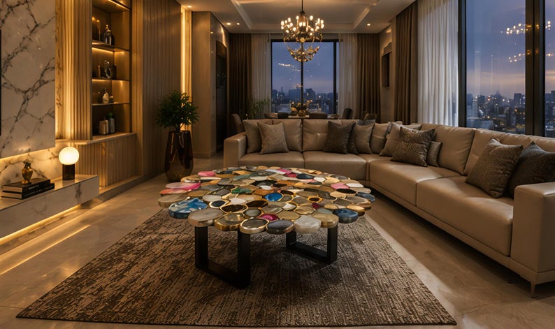 May include: A luxurious living room with a large, round coffee table featuring a mosaic of colorful stones. A beige sectional sofa with throw pillows sits on a patterned rug. The room has a warm, inviting ambiance with soft lighting and a city view.