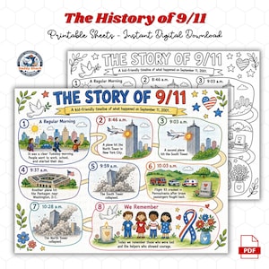 May include: A printable educational sheet titled The Story of 9/11 featuring a colourful, illustrated timeline of events from September 11, 2001. The graphic includes numbered panels with scenes, text descriptions, a dove, a heart, and a memorial candle.