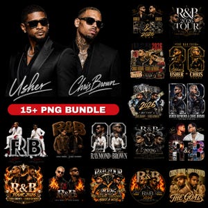 May include: A digital bundle of 15+ graphic designs featuring Usher and Chris Brown for an R&B 2026 tour. The collection includes various layouts with portraits of the artists, stylised text, flames, and decorative elements on a black background.