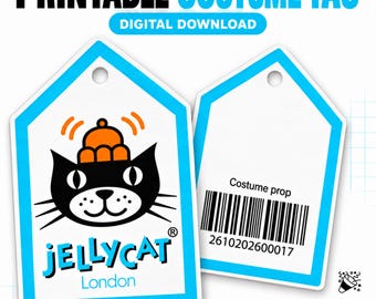 May include: Two white rectangular tags with blue borders and a hole at the top. The left tag features a black cat illustration with an orange hat and the text JELLYCAT London. The right tag displays a barcode, the text Costume prop, and 2610202600017.