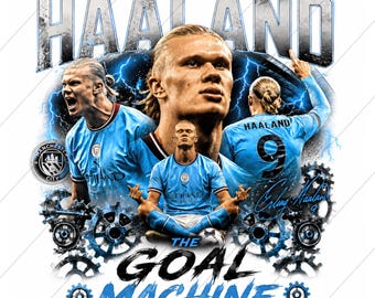 May include: A graphic design featuring Erling Haaland in a light blue Manchester City jersey. The composition includes three poses of the athlete, blue lightning, mechanical gears, and the text ERLING HAALAND THE GOAL MACHINE with the number 9.