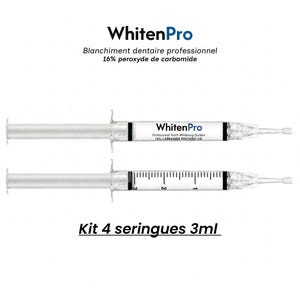 Peut inclure: Deux seringues de WhitenPro Professional Teeth Whitening System. Les seringues sont transparentes avec des étiquettes blanches et du texte noir. Le texte sur l'étiquette indique "16% CARBAMIDE PEROXIDE GEL". Les seringues sont marquées avec des mesures en ml/cc. Le texte "Kit 4 seringues 3ml" est en bas.