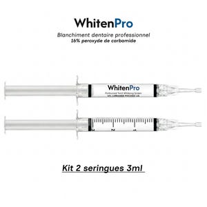 Peut inclure: Deux seringues de blanchiment dentaire professionnel WhitenPro. Chaque seringue est graduée jusqu'à 3 ml. Le texte sur les seringues indique "16% CARBAMIDE PEROXIDE GEL". Le kit comprend deux seringues.