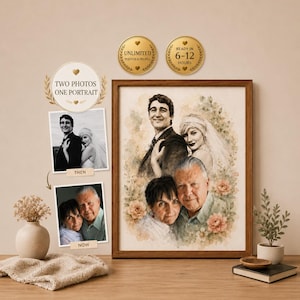Trouwportret van toen en nu, jubileumcadeau voor ouders, cadeau voor het 50e, 40e, 30e of 25e jubileum, trouwfoto in aquarel