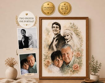 Then and Now Wedding Portrait, Anniversary Gift for Parents, 50th 40th 30th 25th Anniversary Gift, Wedding Photo Watercolor