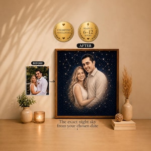 Mapa estelar personalizado, regalo de la noche en que nos conocimos, retrato personalizado del cielo nocturno a partir de una foto, regalo de aniversario, regalo de cumpleaños.