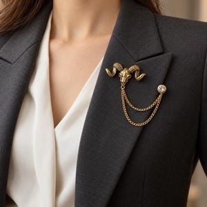 Gothic Ram Skull Brooch with Double Chain, Gold or Silver Tone Lapel Pin