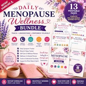 Klimakteriets hälsoplanerare, utskrivbar symptomrapport för perimenopausen, daglig värmevallning, humör, sömnlogg, självvårdsdagbok PDF digital nedladdning