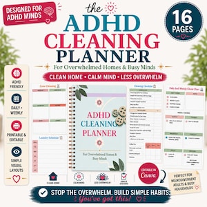Może przedstawiać: Planer sprzątania ADHD ze spiralną oprawą, z jasnoniebieską okładką z napisem "ADHD CLEANING PLANNER" i "For Overwhelmed Homes & Busy Minds". Planer zawiera listy kontrolne, wykresy i tekst "Designed for ADHD Minds."