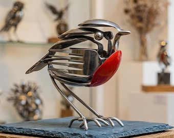 Robin Scrap Metal Art Sculpture, Upcycled Silverware Bird, Rustic Garden Decor, Handmade Repurposed Cutlery, Unique Gift for Patio