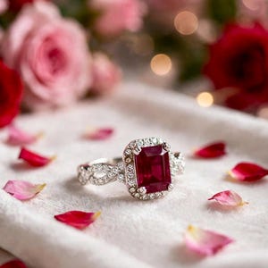 Emerald Cut Ruby Glass Filled Ring | Sterling Silver Halo Infinity Band