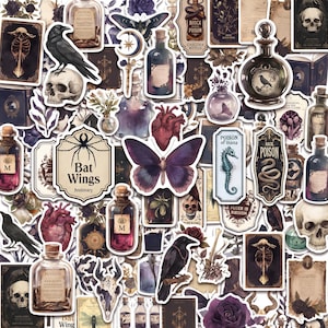 May include: A collection of gothic-themed stickers featuring illustrations of skulls, black ravens, anatomical hearts, purple butterflies, and vintage apothecary bottles with labels like Bat Wings, Poison of Mana, and Back Poison in dark tones.