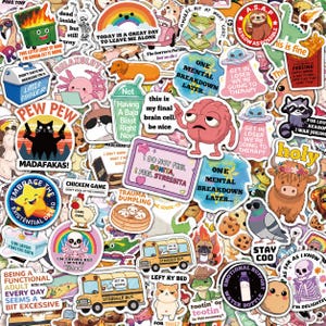 Puede incluir: Una colección de pegatinas de vinilo coloridas con varios personajes de dibujos animados, animales y frases humorísticas. Los diseños incluyen un contenedor de basura en llamas, un arcoíris, un cerebro, una paloma, un autobús escolar y esqueletos.
