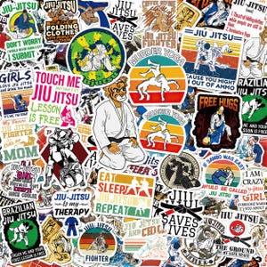 May include: A collection of various stickers featuring jiu-jitsu themes, including illustrations of people in white gis grappling, text such as "Jiu-Jitsu is my therapy," "Murder Yoga," and "Free Hugs," and a central sticker of a tiger wearing a white gi.