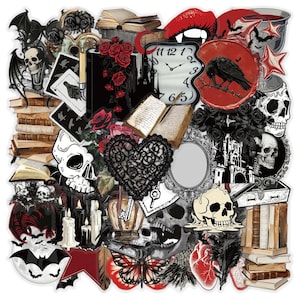 May include: A collection of gothic-themed stickers featuring skulls, stacks of old books, red roses, black candles, a melting clock, a raven, a heart-shaped lace doily, a key, a butterfly, a human heart, bats, and a vampire mouth with fangs.