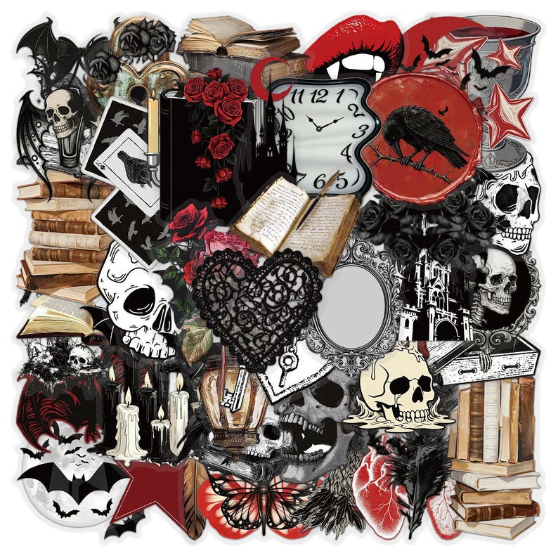 May include: A collection of gothic-themed stickers featuring skulls, stacks of old books, red roses, black candles, a melting clock, a raven, a heart-shaped lace doily, a key, a butterfly, a human heart, bats, and a vampire mouth with fangs.