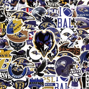 May include: A collection of Baltimore Ravens themed stickers featuring various designs including the team logo, football helmets, players in purple jerseys, footballs, and text such as I LOVE BAL, all rendered in a purple, black, gold, and white colour palette.