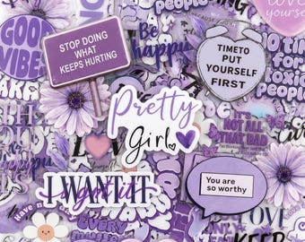 Paquete de 50 pegatinas moradas con mensajes positivos, pegatinas motivacionales, pegatinas de autocuidado, pegatinas florales, pegatinas con frases para equipaje, teléfonos y portátiles.