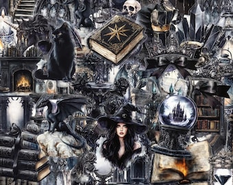 May include: A dark-themed collage featuring a black cat, a witch in a wide-brimmed hat, a dragon, a skull, a crystal ball with a castle, an hourglass, and an open book with a gold star on the cover, all set against a backdrop of gothic architecture.