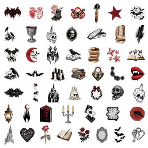 May include: A collection of gothic-themed stickers featuring various illustrations including skulls, ravens, bats, red roses, books, candles, castles, coffins, hearts, keys, and clocks. The designs are rendered in a palette of black, white, and red.