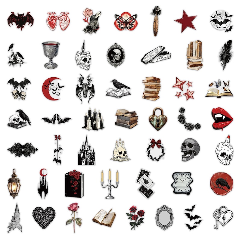 May include: A collection of gothic-themed stickers featuring various illustrations including skulls, ravens, bats, red roses, books, candles, castles, coffins, hearts, keys, and clocks. The designs are rendered in a palette of black, white, and red.