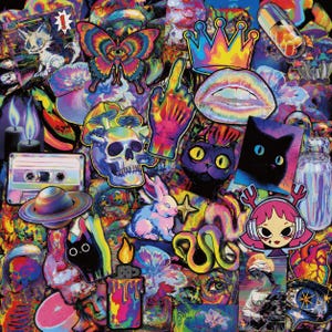 May include: A collection of colorful stickers featuring a butterfly, a crown, a skull with mushrooms, a cassette tape, a planet, a rabbit, a snake, a cat, a candle, a capsule, and a character with headphones, all rendered in vibrant, psychedelic hues.